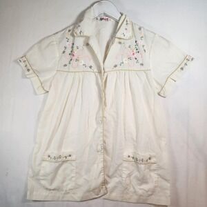 60s Vintage Peacock Floral Embroidered Bed Jacket Cream Short Sleeve Cottagecore
